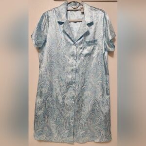 Adonna Large Blue White Paisley Satin Short Sleeve Night Shirt NWOT